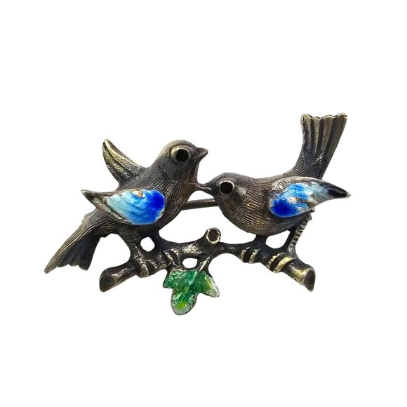 Vintage Mid-Century Enamel Birds On A Branch Silver Brooch - Picture 1 of 15
